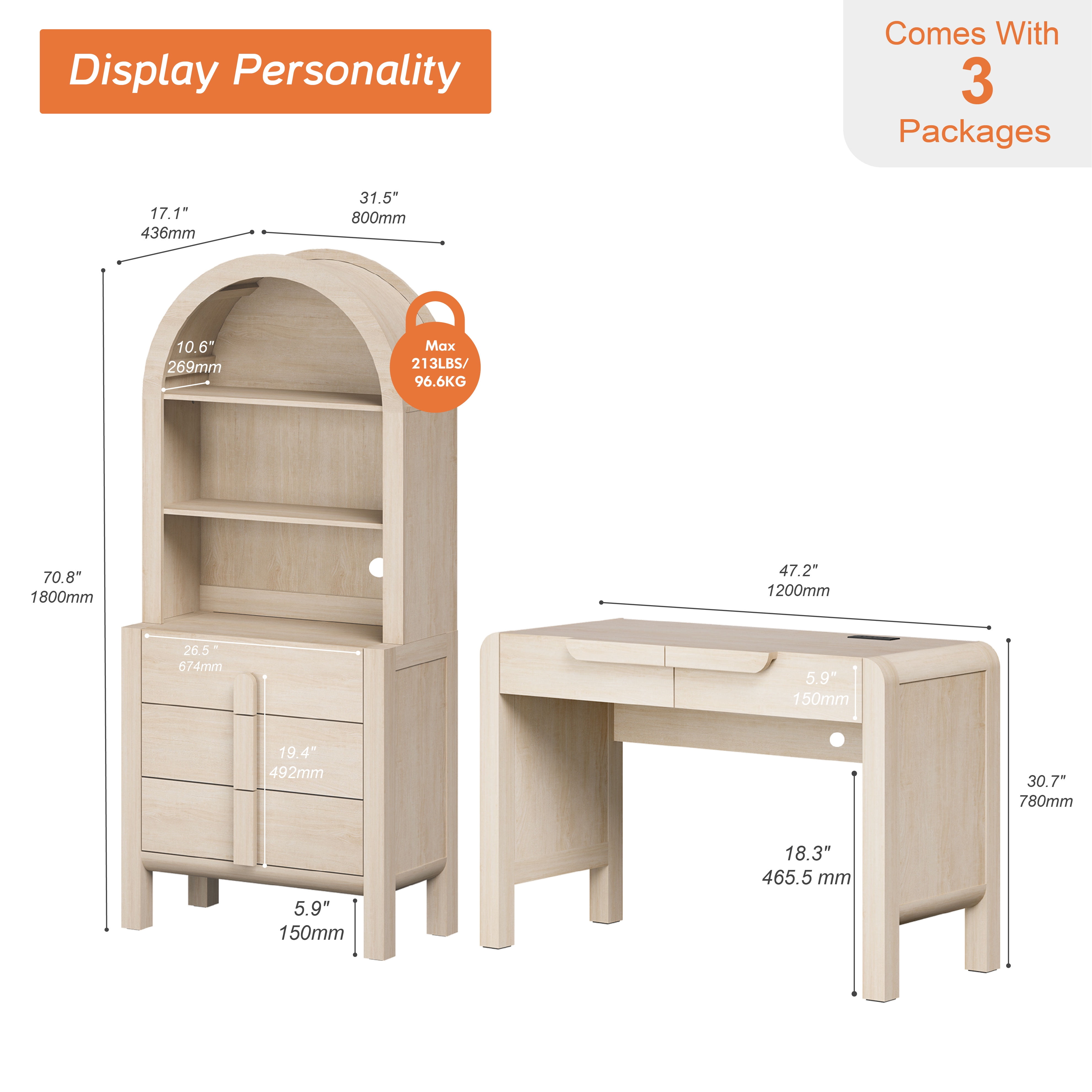 2 Piece Office Set, 47" Modern Executive Desk with Charging Station and Drawers & 71"H Tall 3-Tier Arched Bookcases with Open Storage for Living Room, Bedroom, Home Office