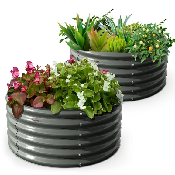 2 Pack-4Ft Round Galvanized Raised Garden Bed, 18” Tall Above Ground Modular Metal Planter Boxes Outdoor For Vegetables Flowers Herbs, Anti-Rust & Easy-Setup Quartz Grey