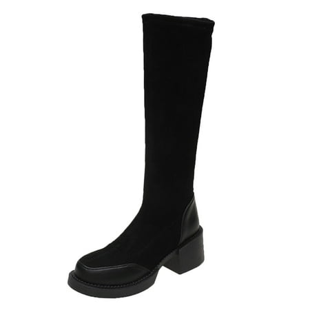

Women Fashion Waterproof Snow Boots Women High Heel Boots Fashion Leather Suede Stitching Solid Color Comfortable Round Toe Square Heel