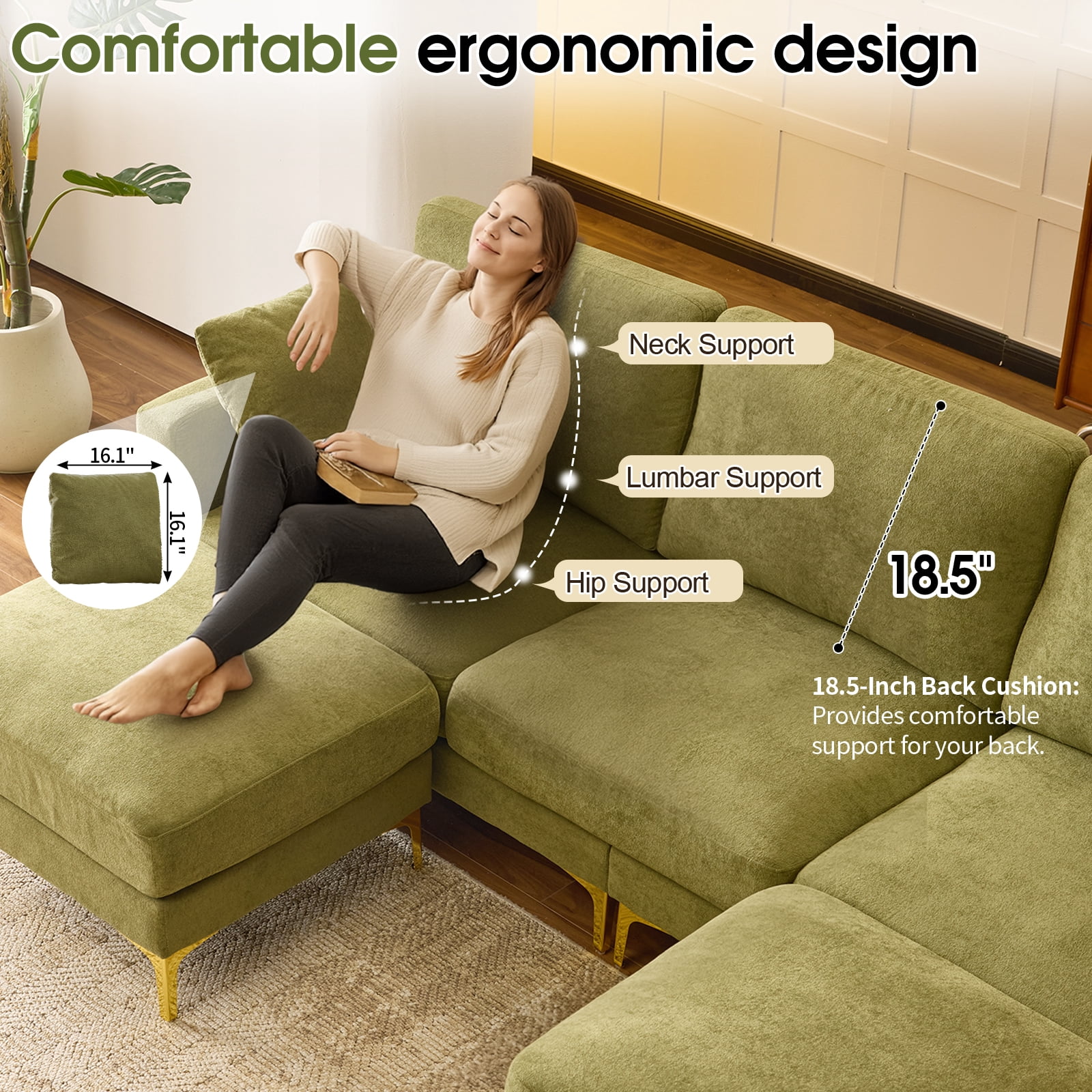 Ktaxon U-Shaped Sofa with 2 Removeable Ottoman Footrests, Flannel Deep Seating Couch for 3, Converts to Sleeper for Bedroom Living Room Furniture Green