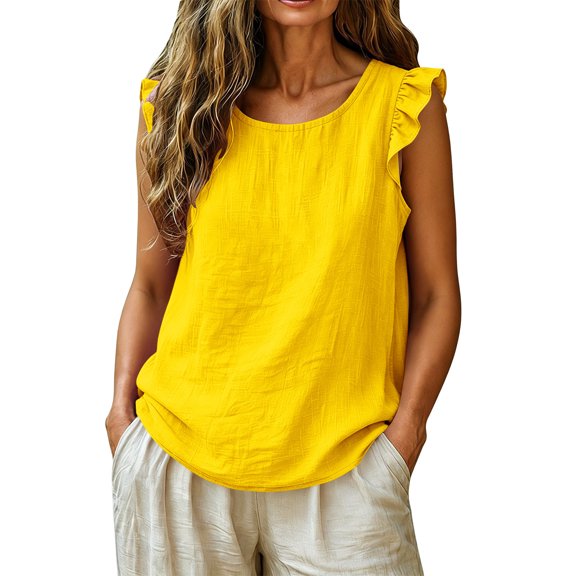 BLVB Women's Summer Cute Tank Top Casual Crewneck Ruffle Sleeveless Spring Fall Blouse Shirts Beach Vacation Clothes