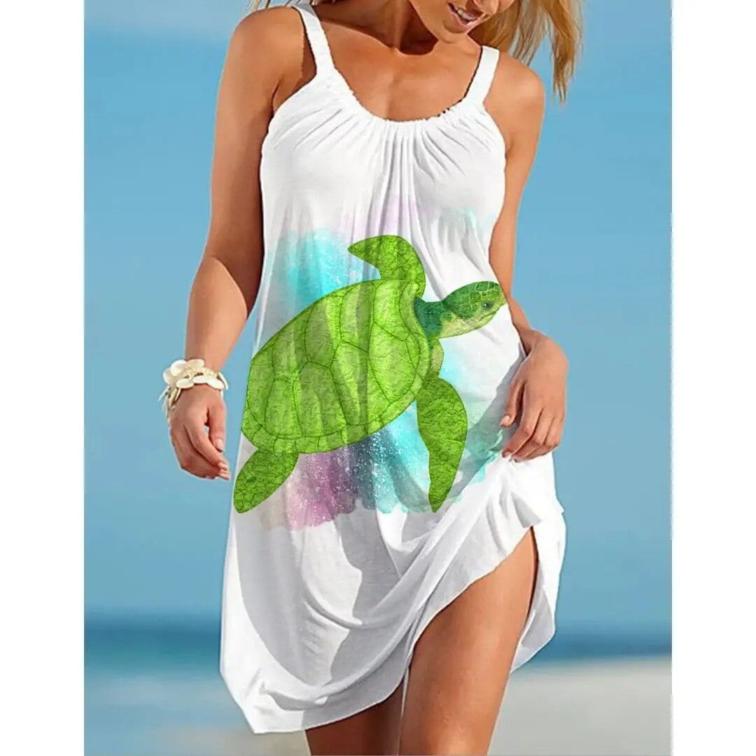 Robe de plage pour femmes Imprimee tortue de mer 3d Sexy bretelles Boho Midi Mini vetements de fete Camouflage sans manches Walmart
