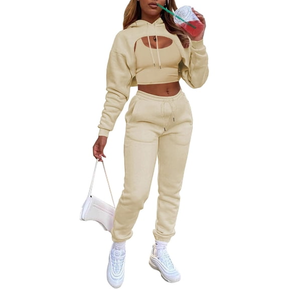Women's Three-Piece Sportswear Set: Sexy Long-Sleeve Pullover Hoodie, Short Vest Top, Casual Pants Sports Set