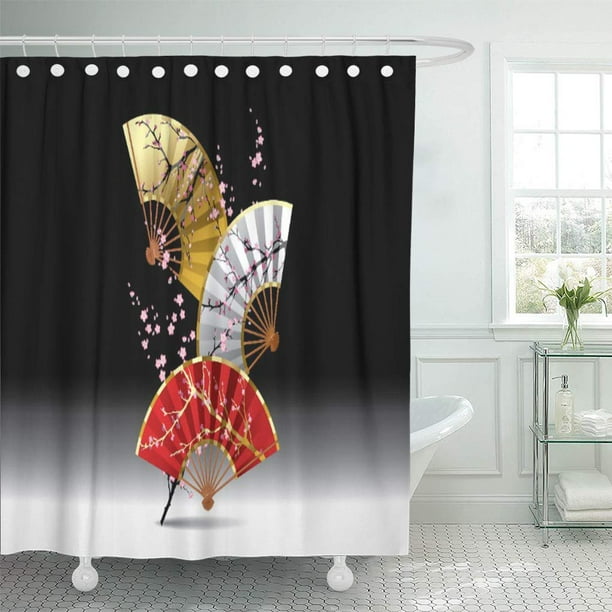 Suttom Artistic Ese Cherry Fans Asian Blossom Flowers Digital Oriental Shower Curtain 60x72 Inch Com Suttom Artistic Ese Cherry Fans Asian, Oriental Shower Curtain