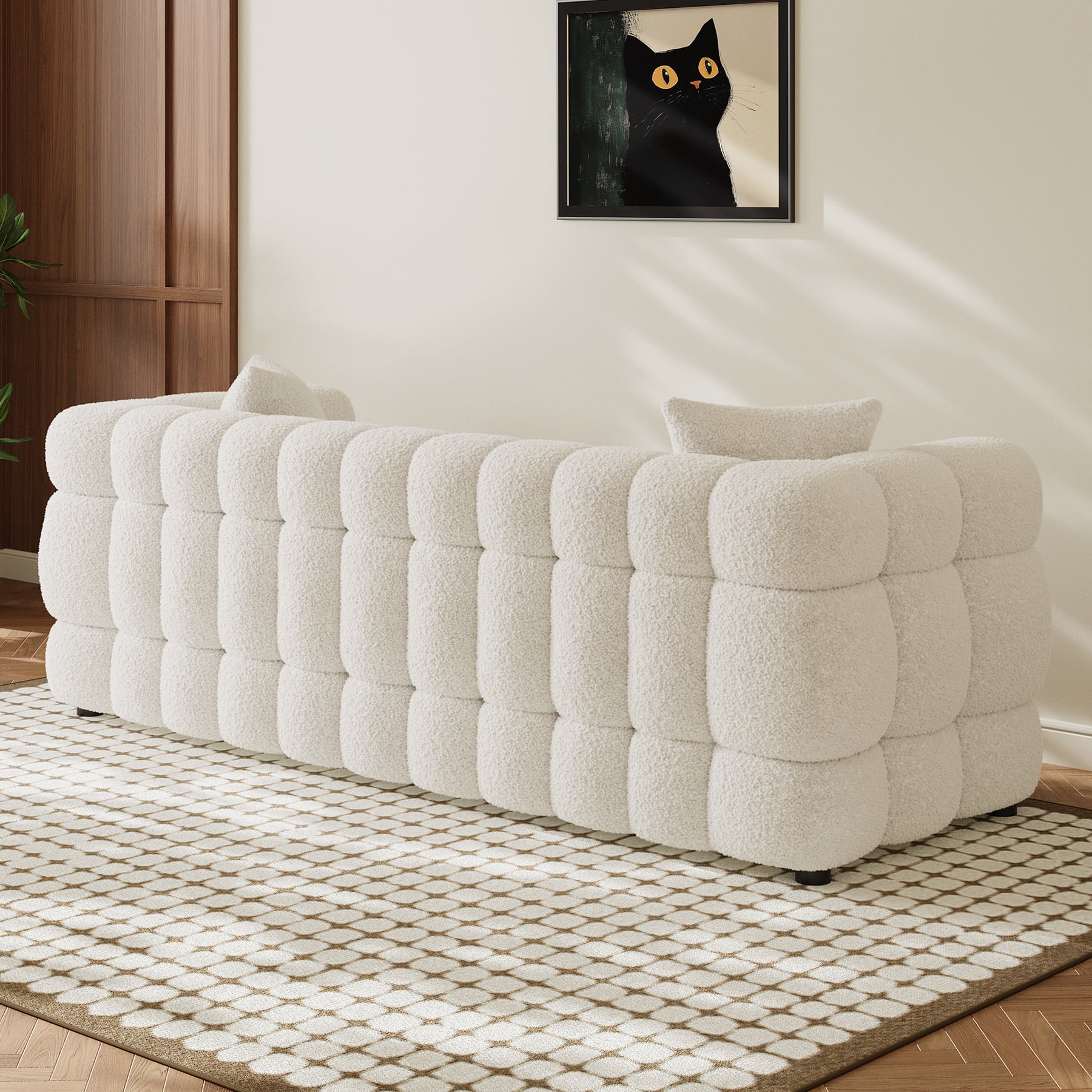 Wiilayok 80.3" Modern Tufted Upholstered 3 Seater Sofa with 2 Pillows，Comfy Sherpa Deep Seat Cloud Couch, Small Love Seat for Living Room Apartment, Beige White