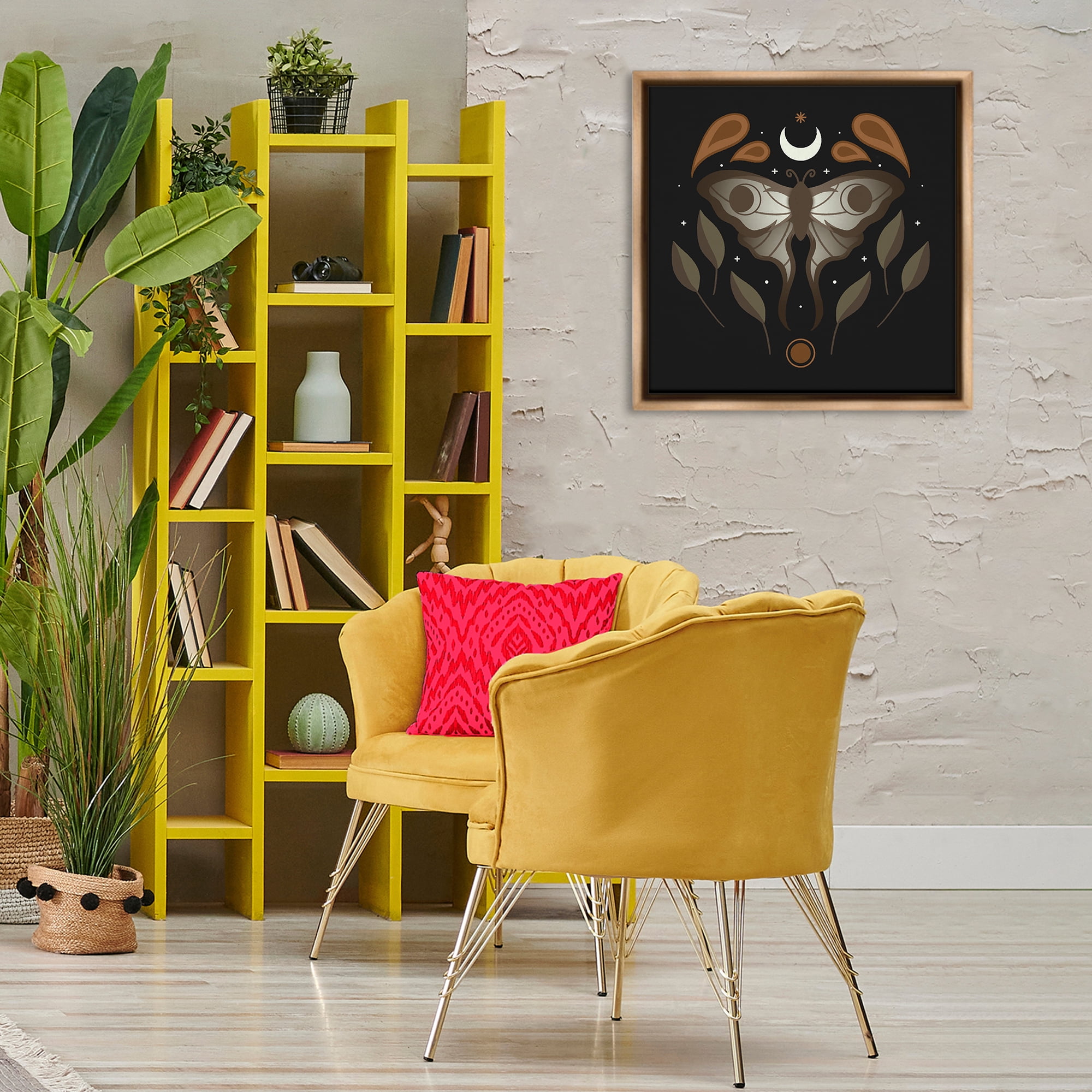 Stupell Industries Celestial Moth & Leaf Sprigs Animals Painting Brown Floater Framed Canvas Art Print Wall Art, 25 x 25
