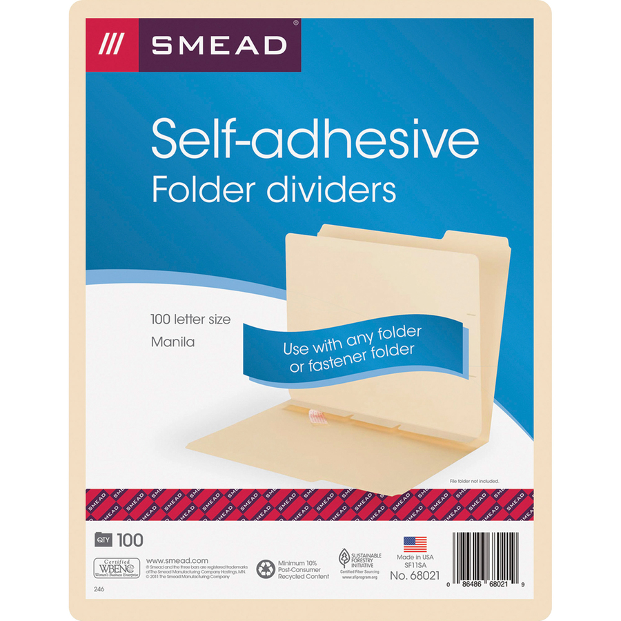 Smead 68021 Self-Adhesive Prepunched Folder Dividers with 1 Fastener - Letter, Manila (100/Box)