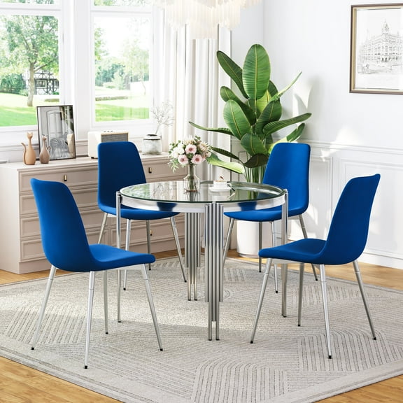 Modern Round Glass Dining Set for 4, Modern Irregular Stainless Steel Legs and Velvet Cushioned Chairs for Kitchens, Living Rooms, Small Bar
