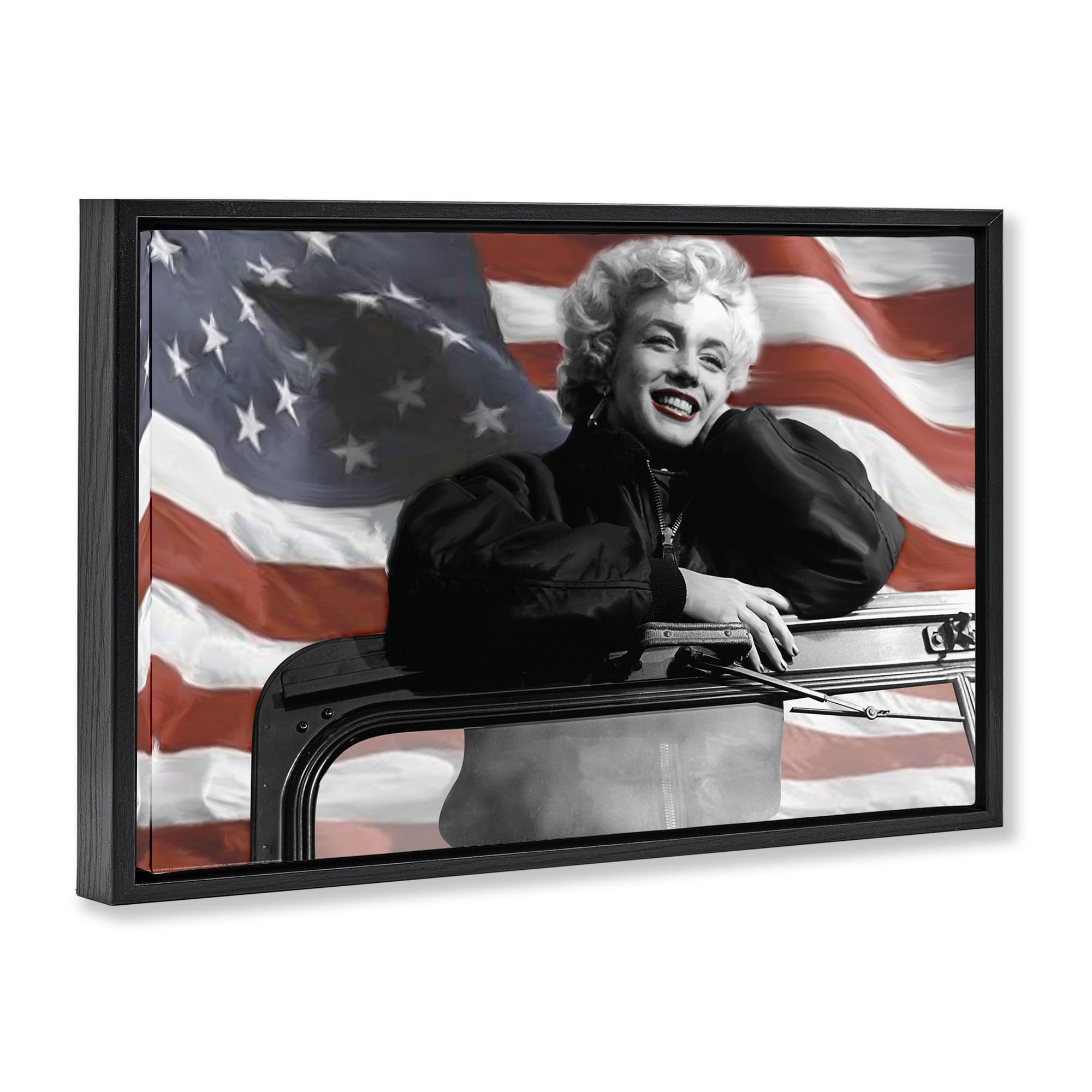 Stupell Industries Marilyn & Waving Flag People Painting Black Floater Framed Canvas Art Print Wall Art, 25 x 17