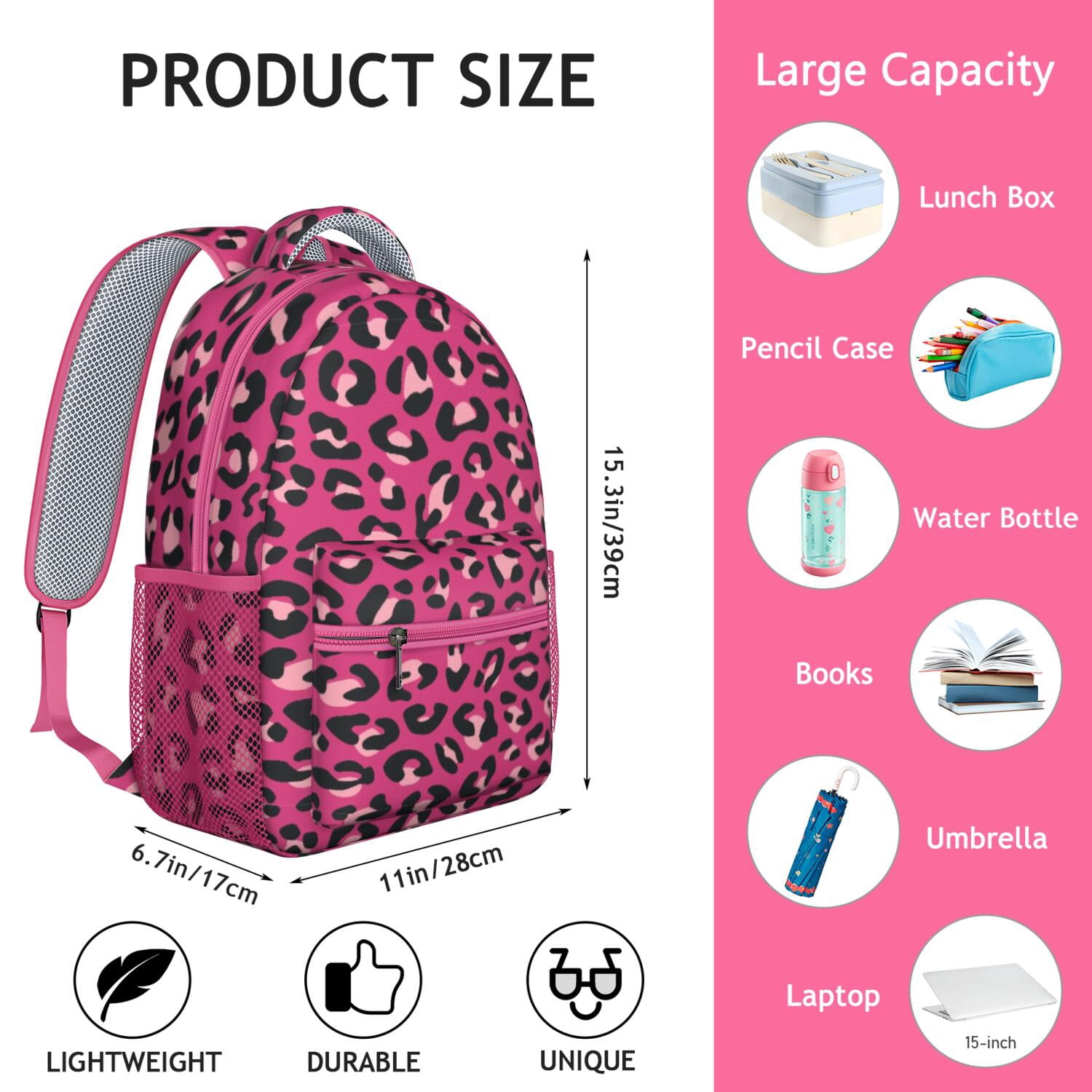 Leopard Print Backpack for School,Cute School Bag,Schoolbag with Adjustable Shoulder Straps & Padded Back,15.3"x11"x6.7"