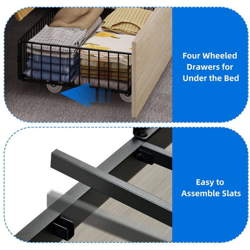 Uforic Queen Bed Frame With Bookcase Headboard & LED Lights, Storage Bed with Power Outlets & 4 Drawers, White