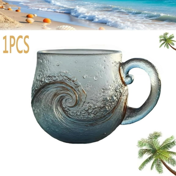 Sea Glass Wave Mug,12oz Handblown Wave Glass Mug Cup, Unique Textured Beach Theme Mug for Tea, Wine, Handcrafted Sea Inspired Drinkware Gift for Ocean Lovers