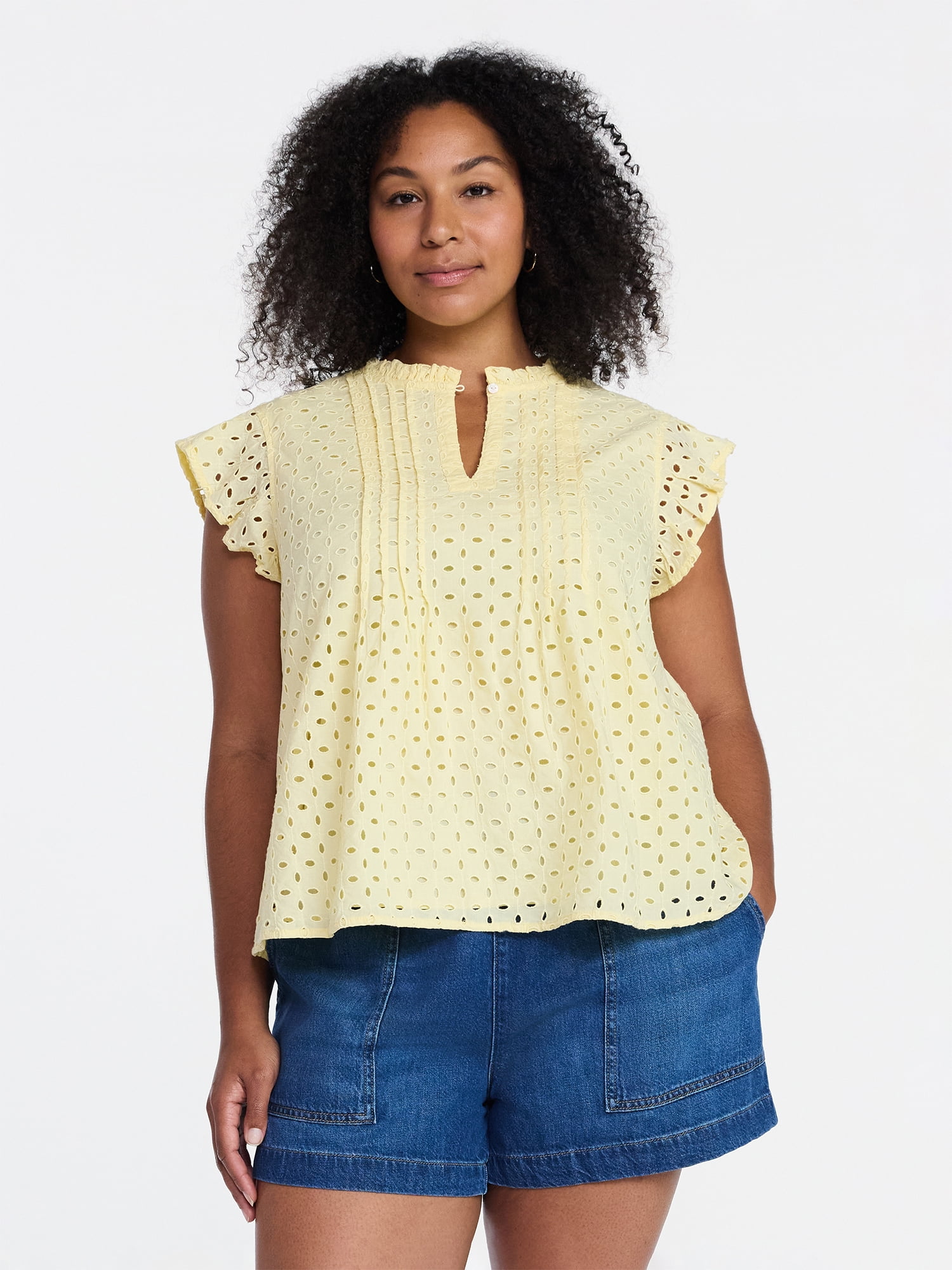Time and Tru Women's Cotton Eyelet Top with Short Flutter Sleeves, Sizes XS-XXXL