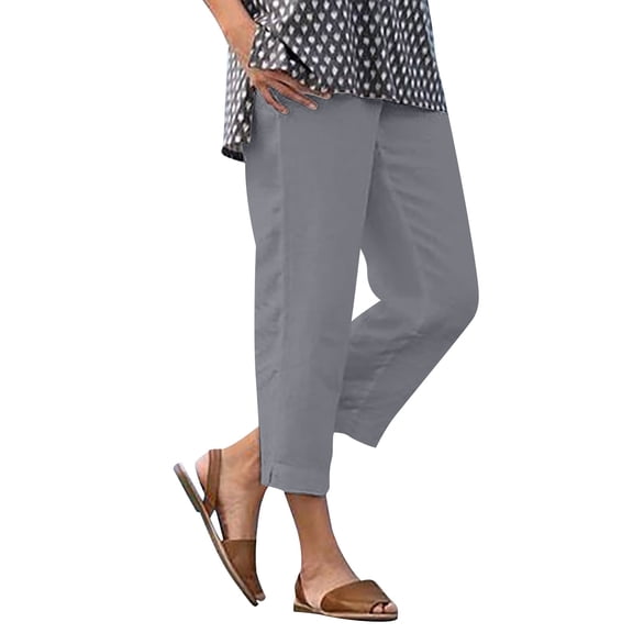 Fmbrln Linen Pants for Women with Pockets, Elastic Waist Versatile Straight Leg Pants Casual Loose Fit Side Slit Solid Ankle Cropped Pants