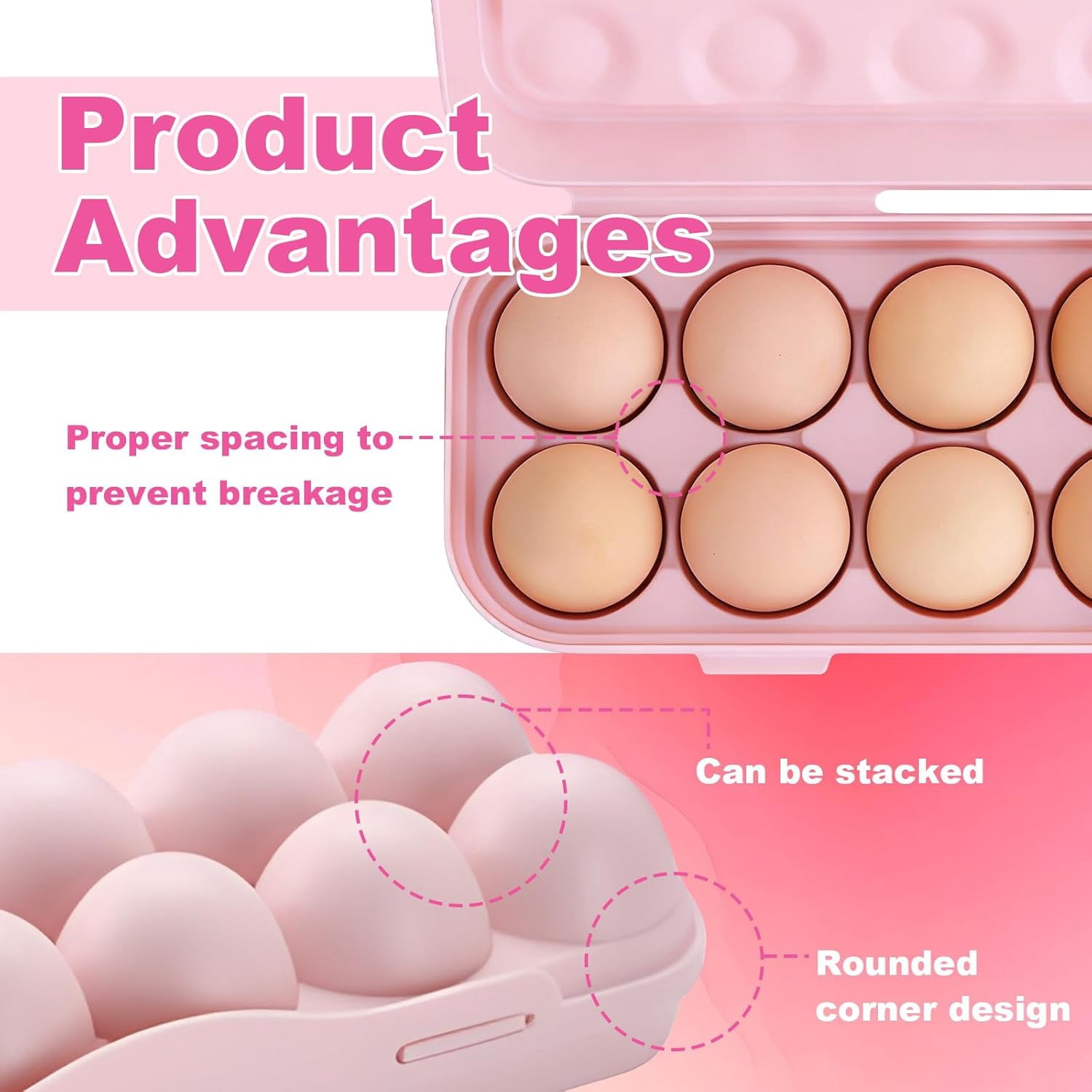 ABPETE Large Capacity Outdoor Egg Holder, Plastic Egg Fresh Carrier Egg Storage Container Organizer Box for Fridge, Stackable Egg Holder for Refrigerator Picnic Hiking Travel, 12 Eggs Tray Pink