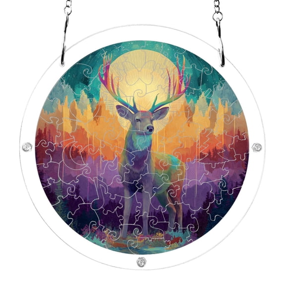 Deer with Rainbow Colored Mountains Acrylic Jigsaw Puzzles 83 Pieces Suncatcher for Window Hanging 7.5 Inch Holiday Home Decor