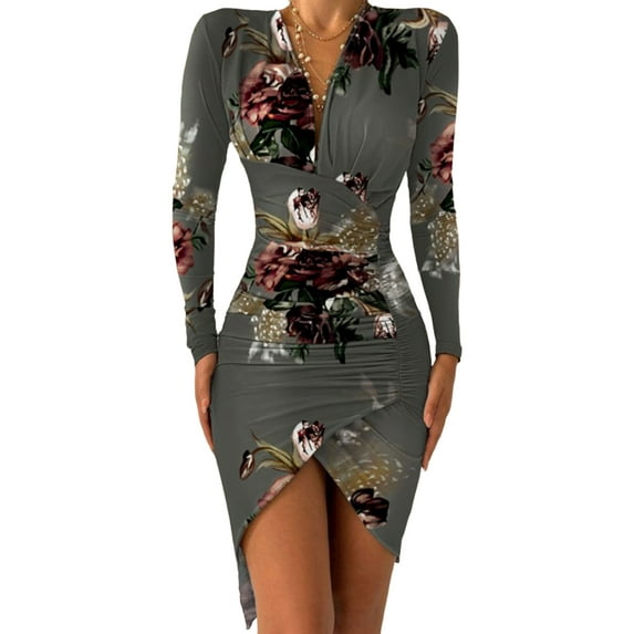 QELUSQELUS Women Bodycon Sexy V Neck Ruched Irregular Floral Commute Dress