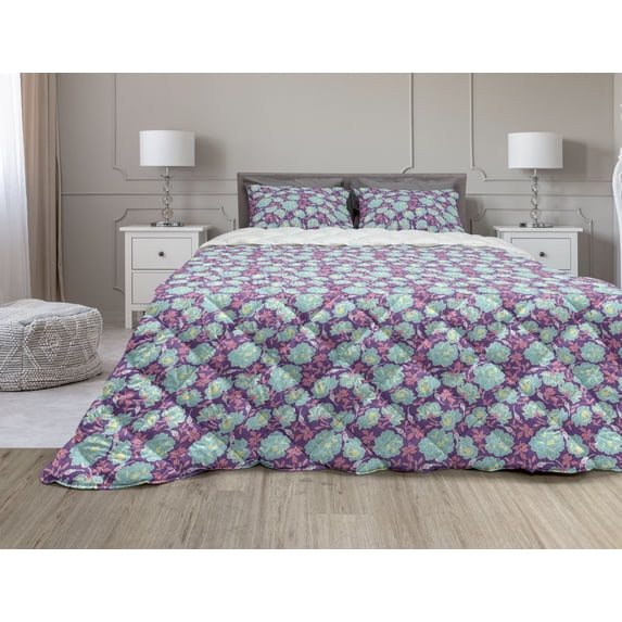 Floral Comforter & Sham Bedding Set, Feminine Composition of Peonies, 3 pcs Duvet Set Microfiber Filling Quilt, 5 Sizes, Seafoam Violet, by Ambesonne