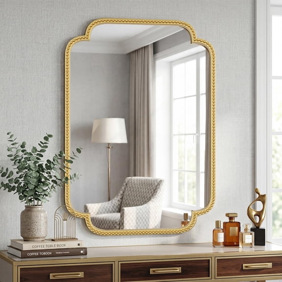 Double Scalloped Gold Beaded Ornate Wall Mirror - 24x36 Inch Rectangular