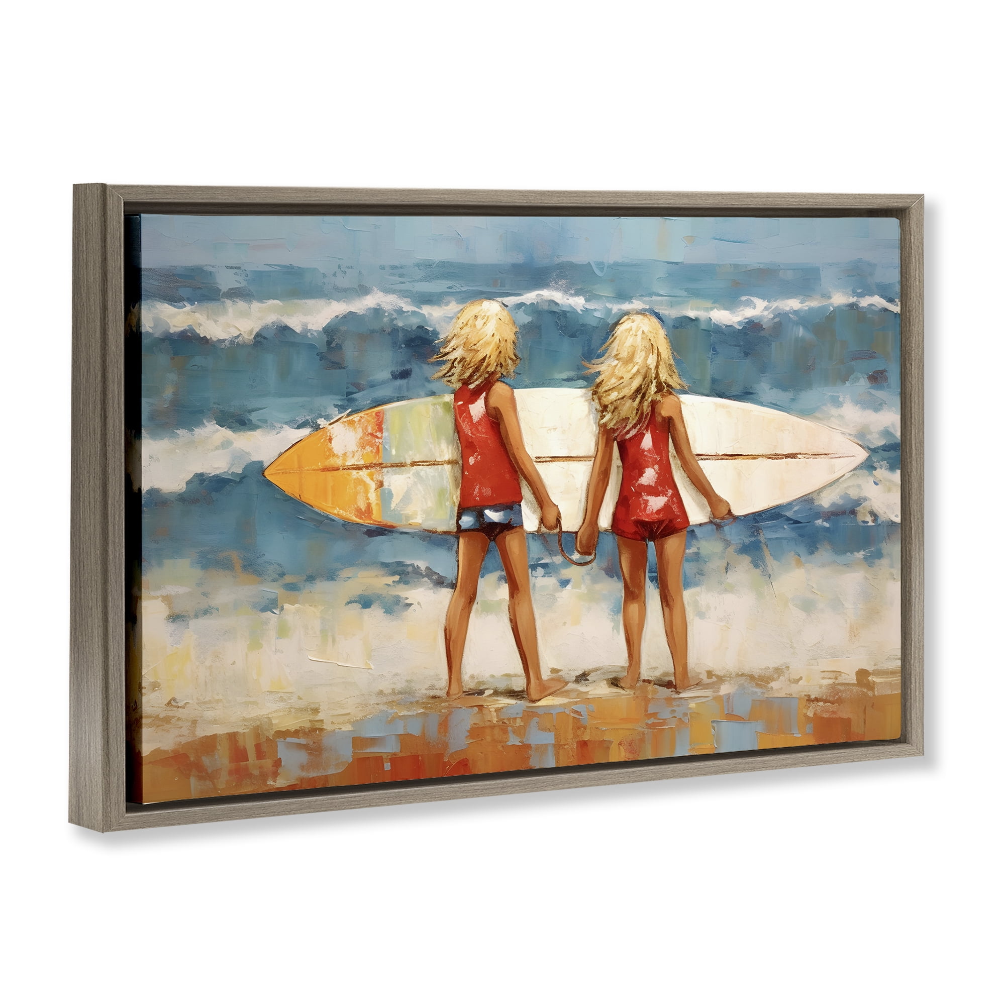 Stupell Industries Siblings with Surfboard People Painting Brown Floater Framed Canvas Art Print Wall Art, 31 x 21