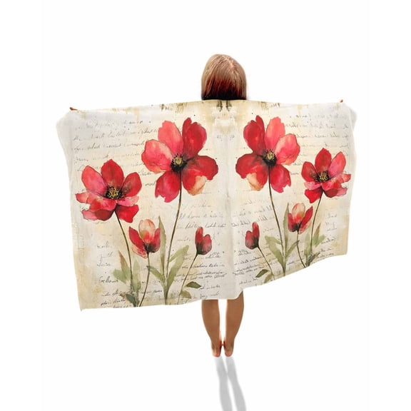 Red Flowers Beach Towels Oversized Super Absorbent, Retro Farmhouse Botanical Floral Painting Lightweight Bath Towel Quick Dry Sets For Bathroom/Pool/Rv Camping/Beach Play/Gym Room/Picnic 35"x70"