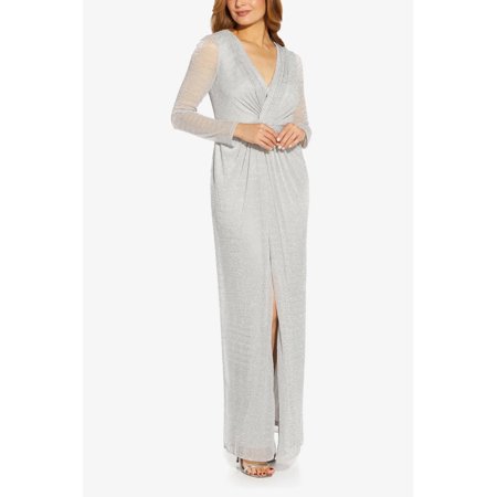 Adrianna Papell V-Neck Long Sleeve Gathered Front Slit Front Shimmering Metallic Knit Dress-COASTAL FOG