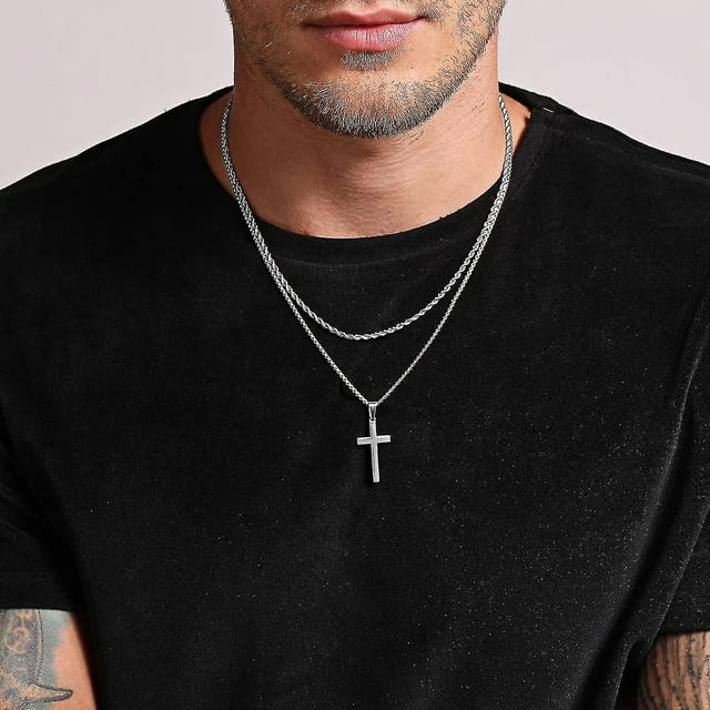 Collar con cruz para hombre, acero inoxidable, plata, negro, oro, cadena de cuerda en capas, colgante de cruz