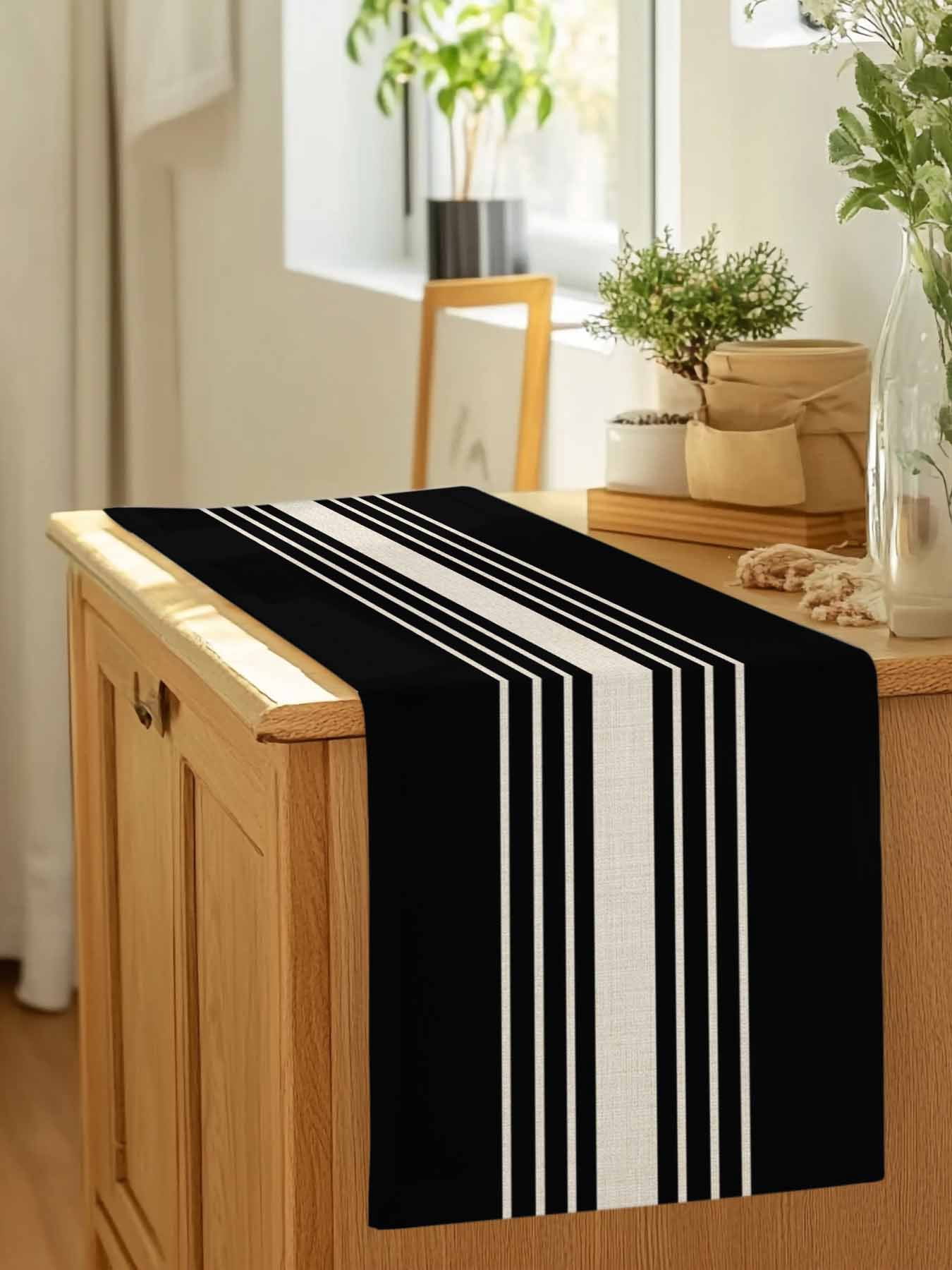 Black Stripe Line Table Runner 90 Inches Long, Retro Linen Table Runners Tabletop Scarf Kitchen Dining Tables Decoration for Home Party Indoor Outdoor
