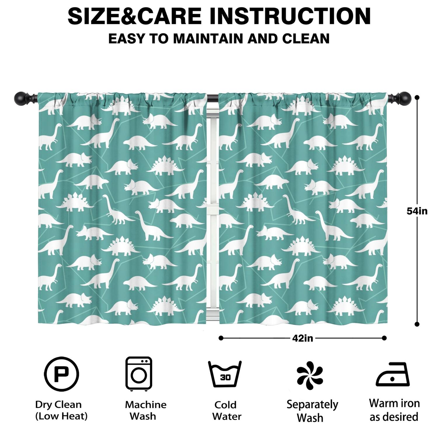 Blackout Kids Curtains,Teal White Dinosaurs Pattern Childrens Insulated Curtains Set Of 2,Bedroom Essentials,Toddler Room Decor 42"x54"