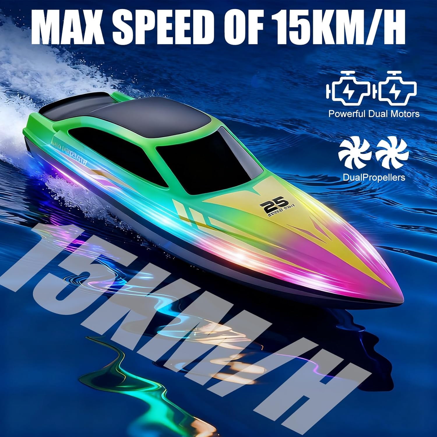 HYPERLIVING Remote Control Boat,15KM/H Fast Racing Boat with LED Light, Never Capsize, Summer Water Pool Toy for Adults & Kids