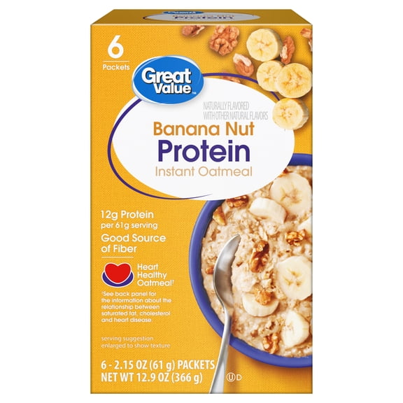 Great Value Banana Nut Protein Instant Oatmeal, 2.15 oz, 6 Count