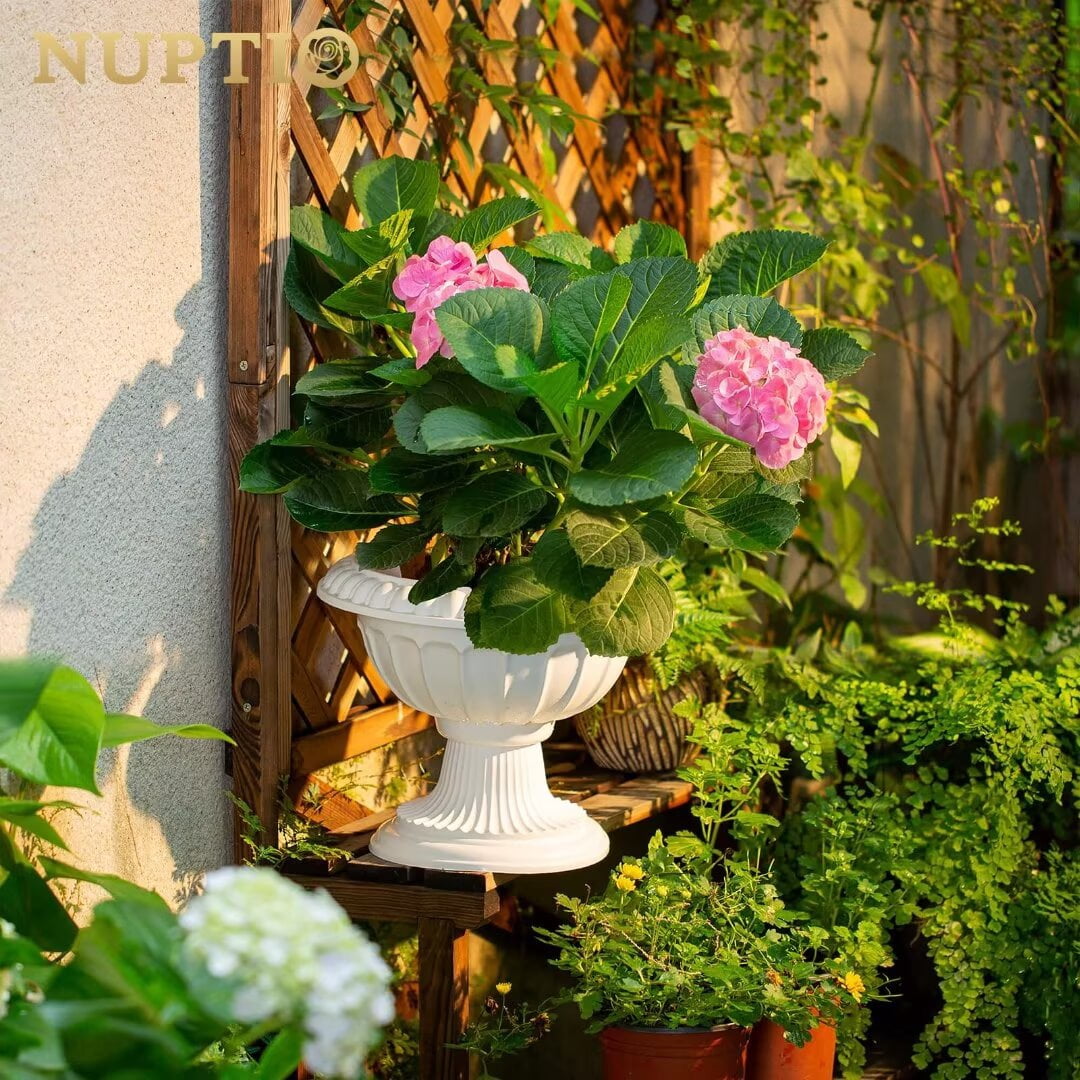 Nuptio 10.2 Inch Plastic Garden Planter Urns for Outdoor Plants with Pedestal, Front Porch Planters Set of 2