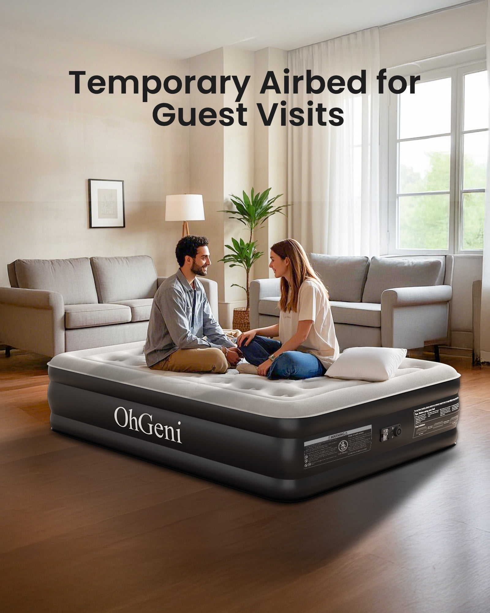 OhGeni Queen Air Mattress with Built in Pump, 18 Raised Blow Up Mattress, Low Noise Surface Portable Air Bed for Home and Guest, Inflatable Mattress, Black