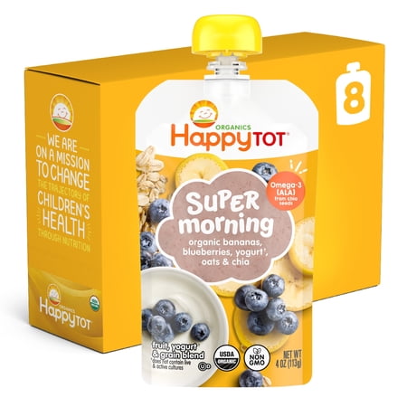 Happy Tot Organics Super Morning Stage 4, Bananas Blueberries Yogurt & Oats, Organic Tot Food, 4 oz. (8 pack)