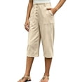 Capris Pants for Women Elastic Waist Straight Leg Button Pants Solid ...