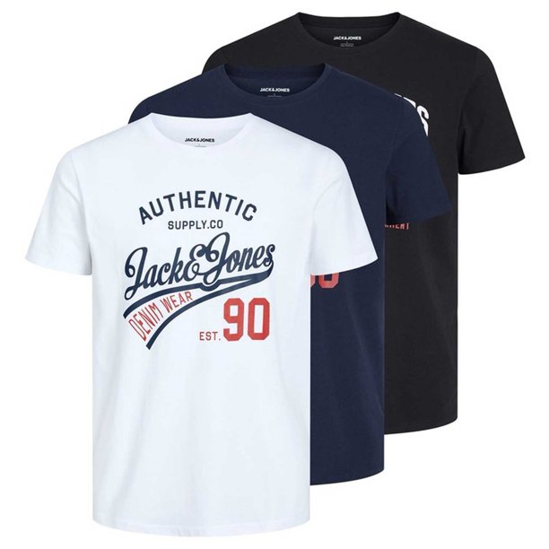 JACK&JONES Camiseta para Hombre, Pack de 3 - JJETHAN TEE CREW NECK, logo vintage, algodón Blanco/Azul marino/Negro L (Large)