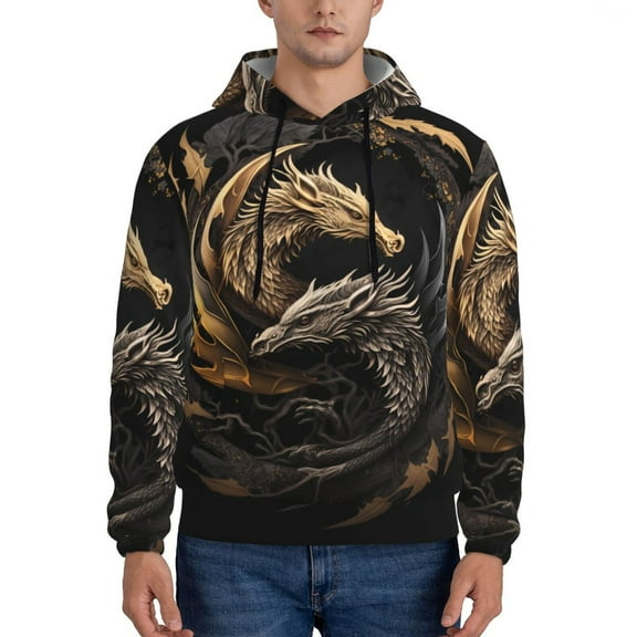 Xecao Vintage Metal Dragon Pattern Men's Adult Pullover Hoodie,Hooded Sweatshirt-Small