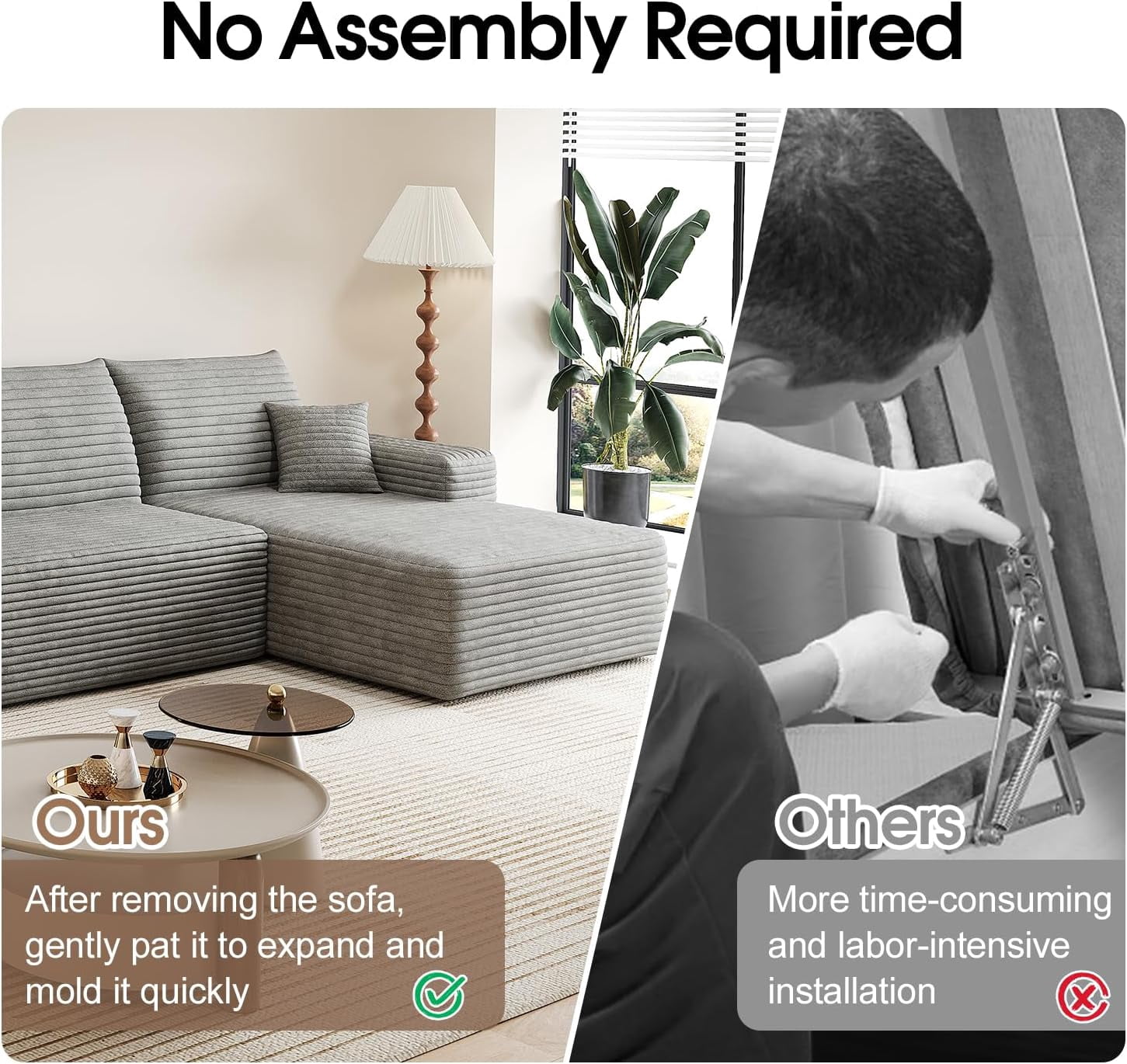Sailvan 107" Cloud Sectional Couch, Cloudy Sofa with L-Shape Chaise, Upholstered Couches for Living Room & Bedroom, No Assembly Required, Plush Corduroy Fabric, Gray