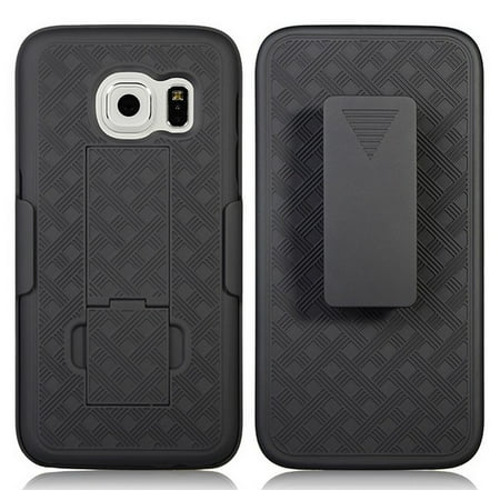 NAKEDCELLPHONE'S BLACK KICKSTAND TEXTURED RIBBED HARD CASE COVER + BELT CLIP HOLSTER FOR SAMSUNG GALAXY S7 PHONE,