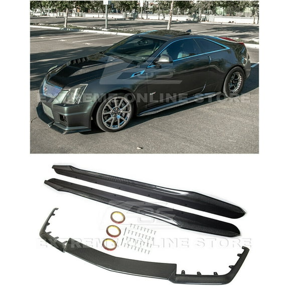 Replacement For 2009-2015 Cadillac CTS-V Coupe Models | Carbon Package Style CARBON FIBER Front Bumper Lower Lip Splitter & Side Skirts Rocker Panel Pair