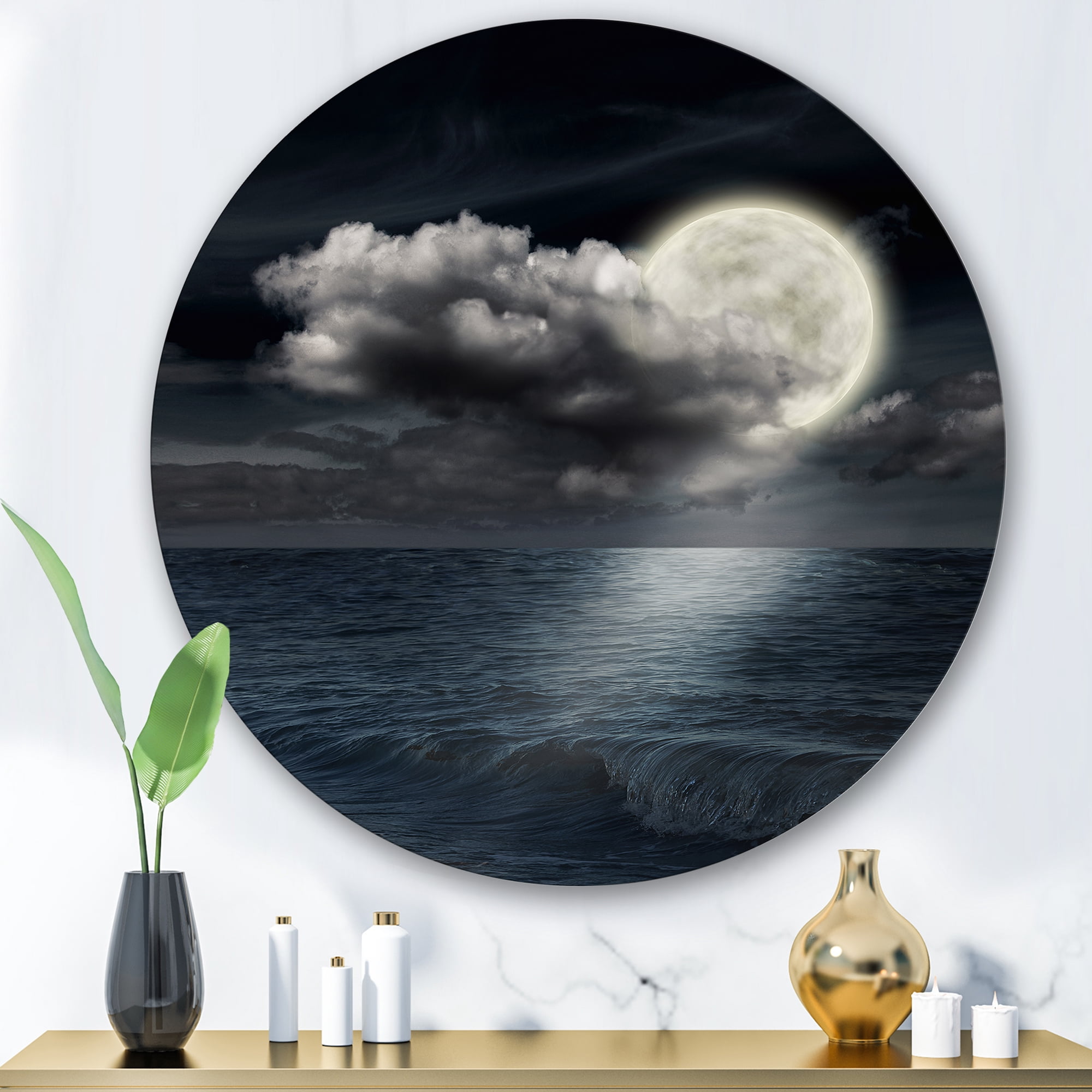 Designart 'Full Moon Night in Cloudy Sky VI' Nautical & Coastal Circle Metal Wall Art 36x36 - Disc of 36