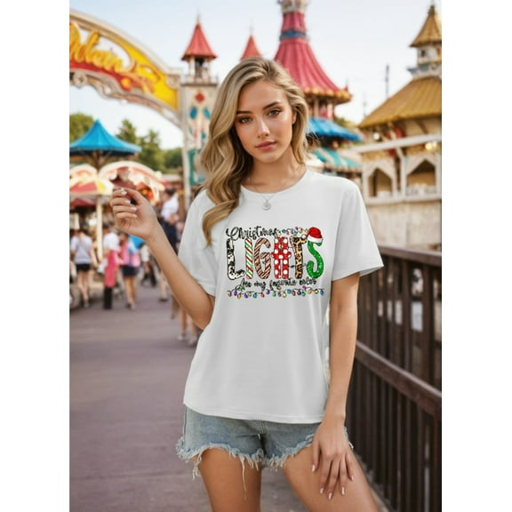 Merry Christmas T-Shirt Lights Graphic Casual Short Sleeve Shirt for Women