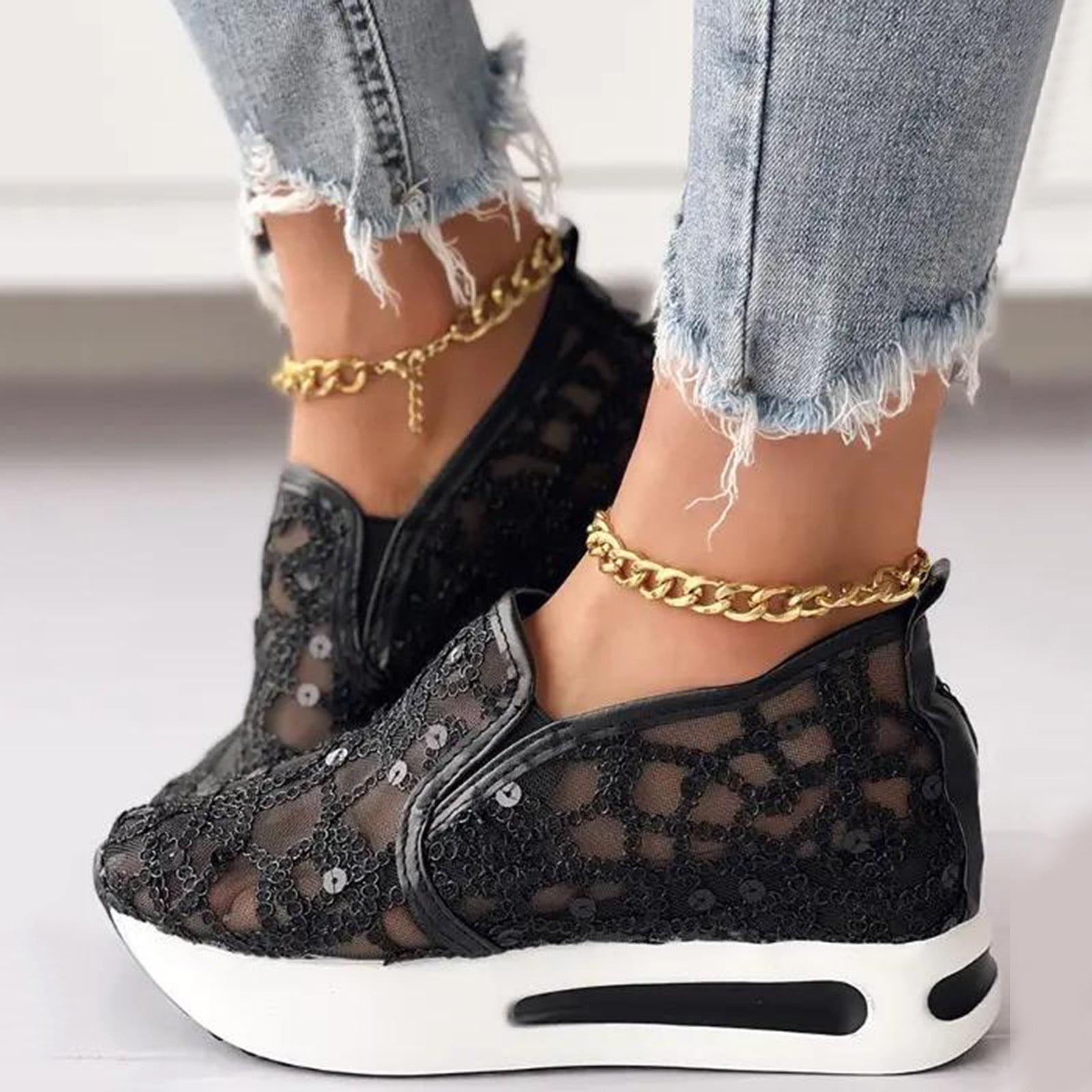 Dakaela Platform Wedge Sneakers for Women Hidden High Heels Slip on Loafers Walking Work Shoes Black 8.5