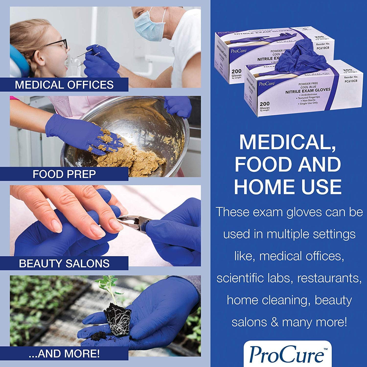 ProCure Disposable Nitrile Gloves - 400 Count, Medium - Powder Free, Rubber Latex Free, Medical Exam Grade, Non Sterile, Ambidextrous - Soft with Textured Tips - Cool Blue
