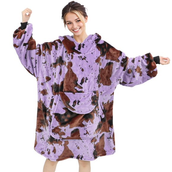 Kivee Purple Cow Print Wearable Blanket Hoodie Oversized Fleece Sweatshirt Blanket With Giant Pocket Warm Cozy Hooded Blanket For Adult Cow Gifts For Women Men
