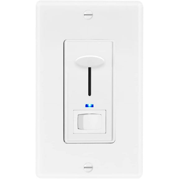 Dimmer Electrical Light Switch - Featuring Blue Indicator Light, LED Compatible, 3-Way/Single Pole Use, 600 Watt Max, Dimmable Lamp and Lighting Control, Wall Plate Included - White
