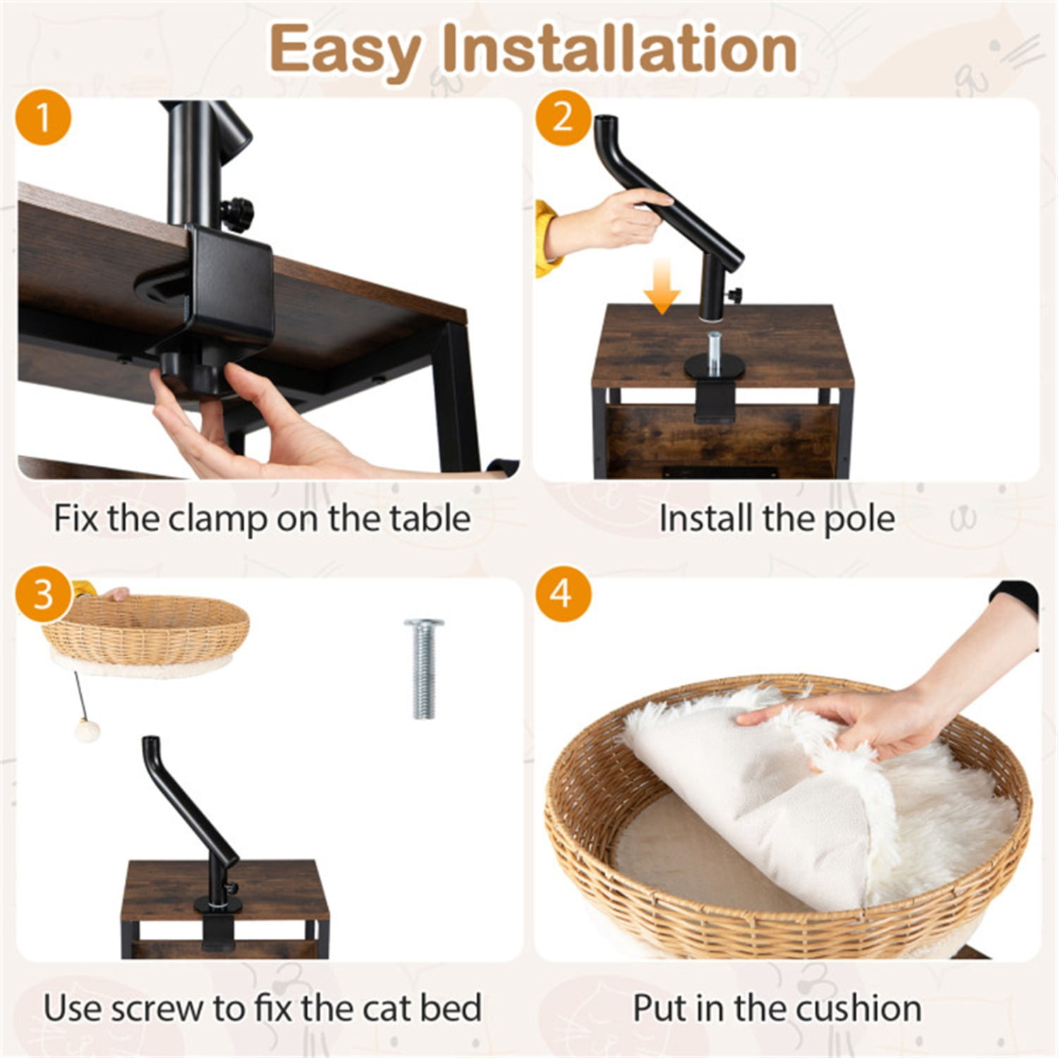 360° Rotatable Desktop Cat Bed Perch, 2-in-1 Workspace Cat Retreat with Jingling Ball (Natural + Black + White)