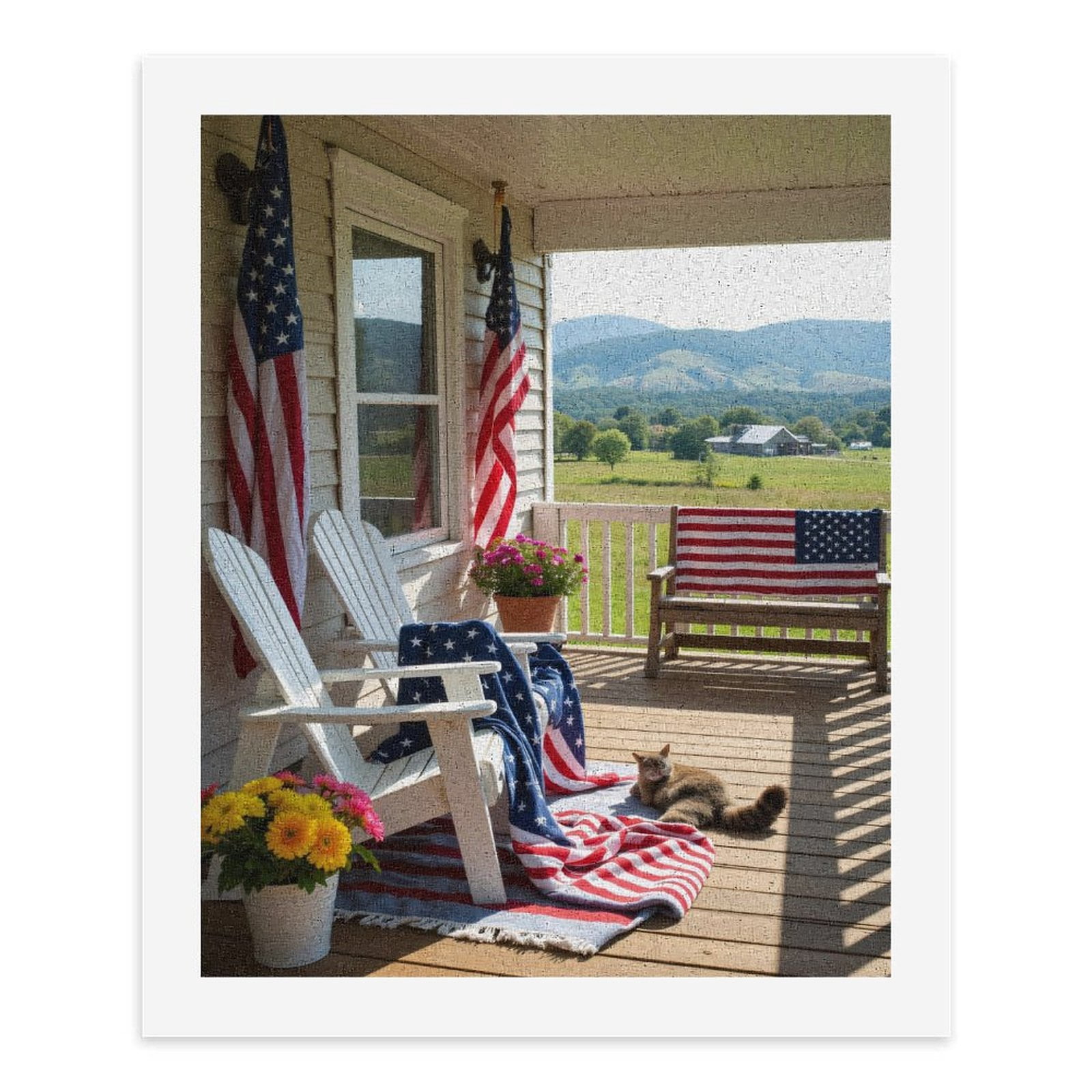Paint by Numbers Kit for Adults, Patriotic Porch Flags Cat Flowers Paint by Numbers, Easy Paint by Numbers Kit for Adults Beginner, DIY Adult Paint by Number Kits on Canvas, 12x16in Home Decor