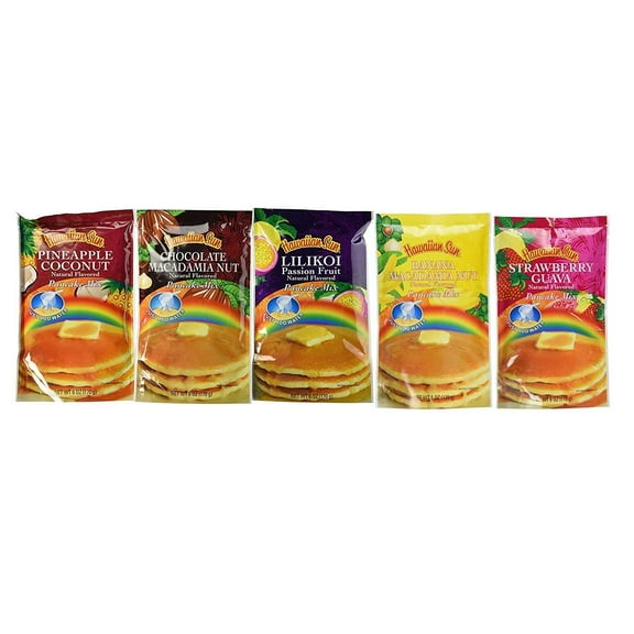 Hawaiian Sun 5 Pack Assorted Pancake Mix: Chocolate Mac, Passion Fruit, Banana Mac Nut, Coconut Pineapple.