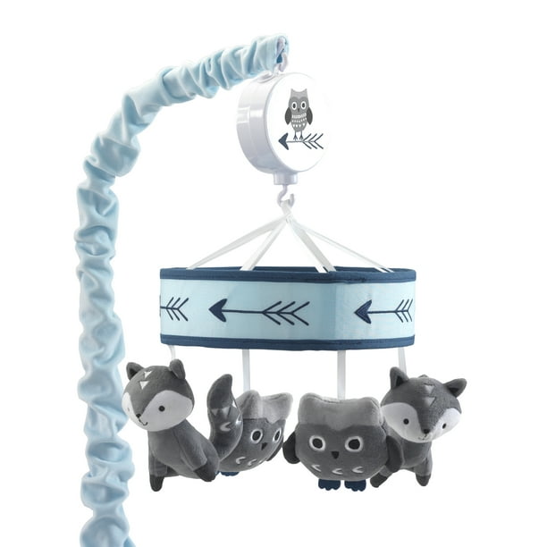 Lambs Ivy Stay Wild Blue Gray Fox Owl Musical Baby Crib Mobile